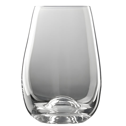 Clear stemless wine taster glass with rounded bottom, 22cl capacity.