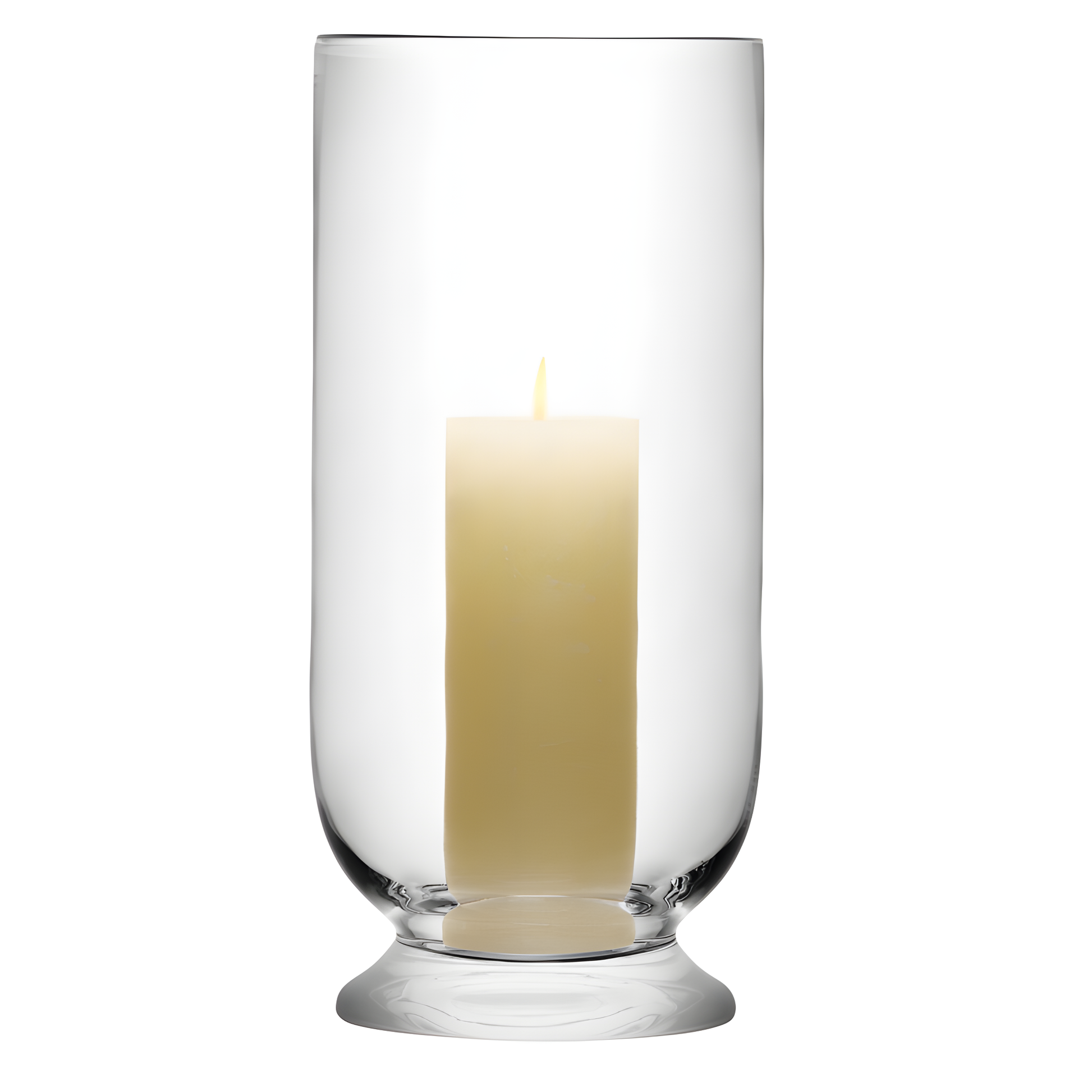 Glass hurricane lantern with lit pillar candle for minimalist decor.