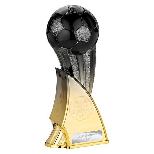 Black and gold soccer trophy with customizable engraving section.