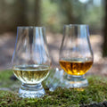 Two Glencairn whisky glasses with different whiskies on mossy surface in forest.