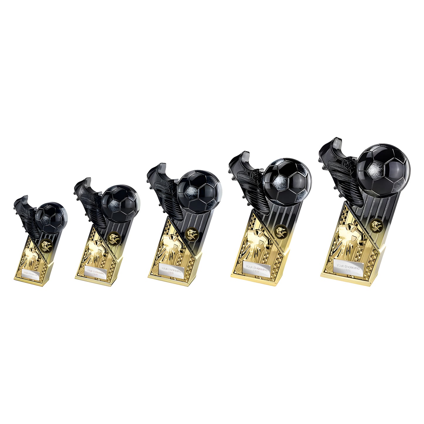 Set of black and gold soccer trophies with ball and cleat design.