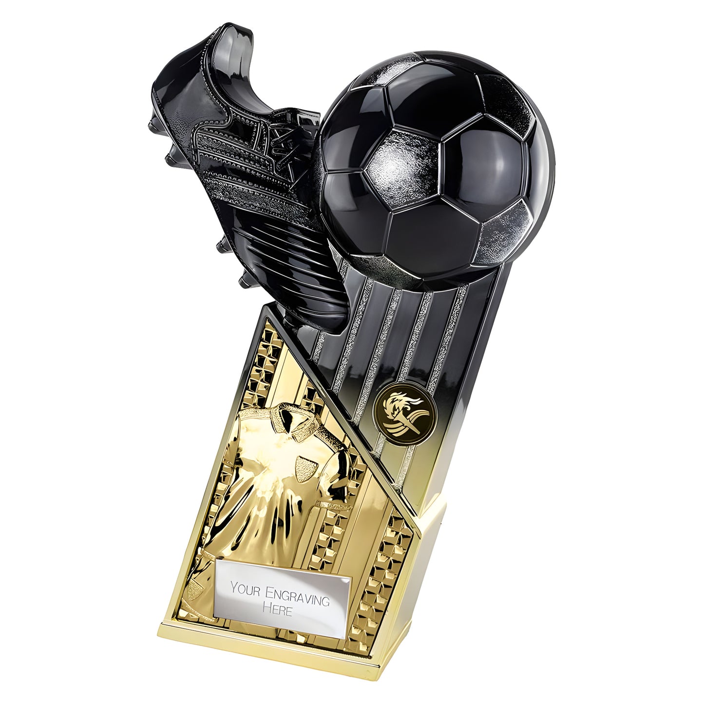 Gold and black soccer trophy with ball and shoe design.