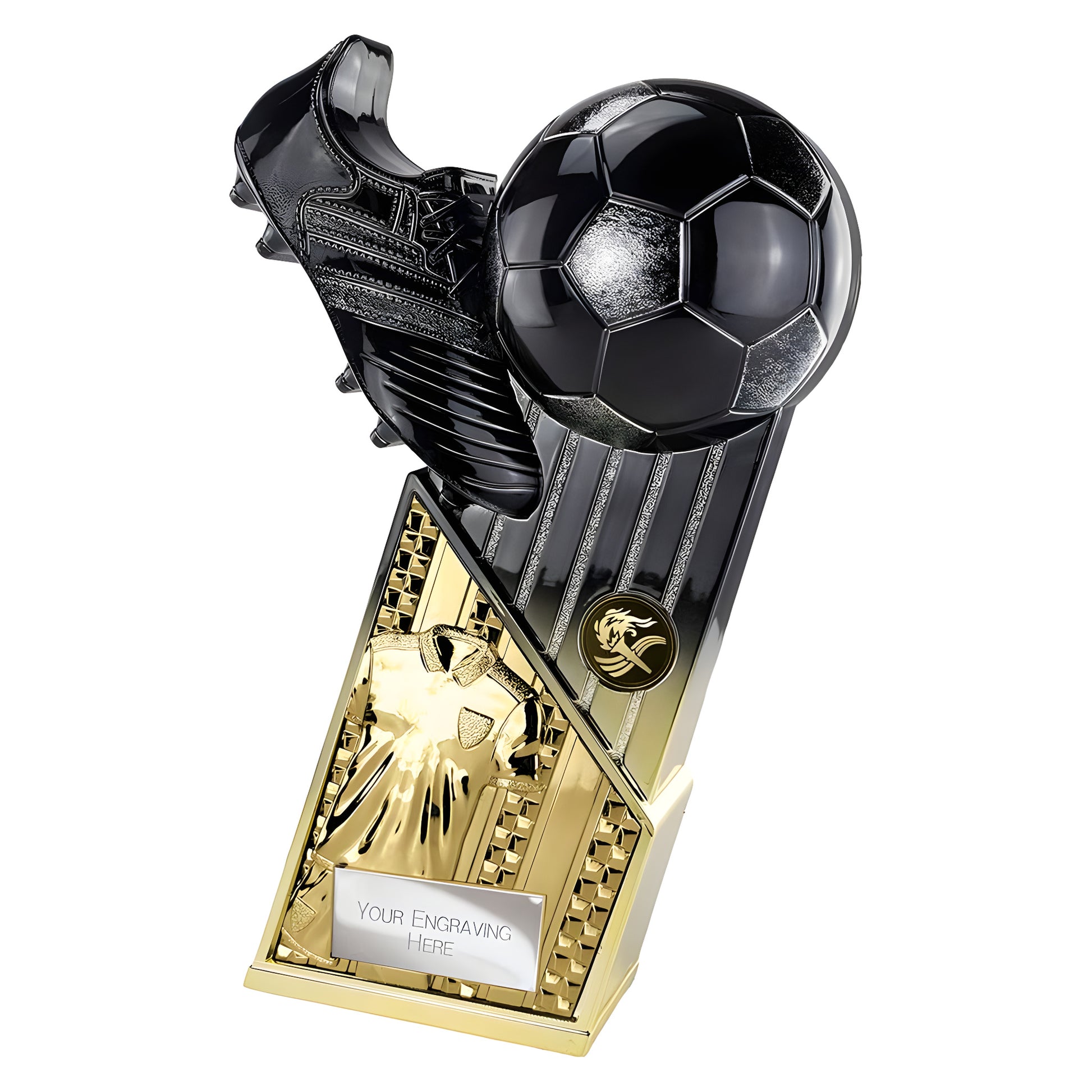 Gold and black soccer trophy with ball and shoe design.