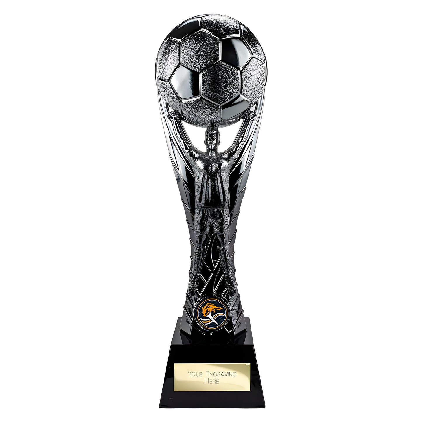 Gunmetal soccer trophy with figure holding ball, customizable engraving plate.