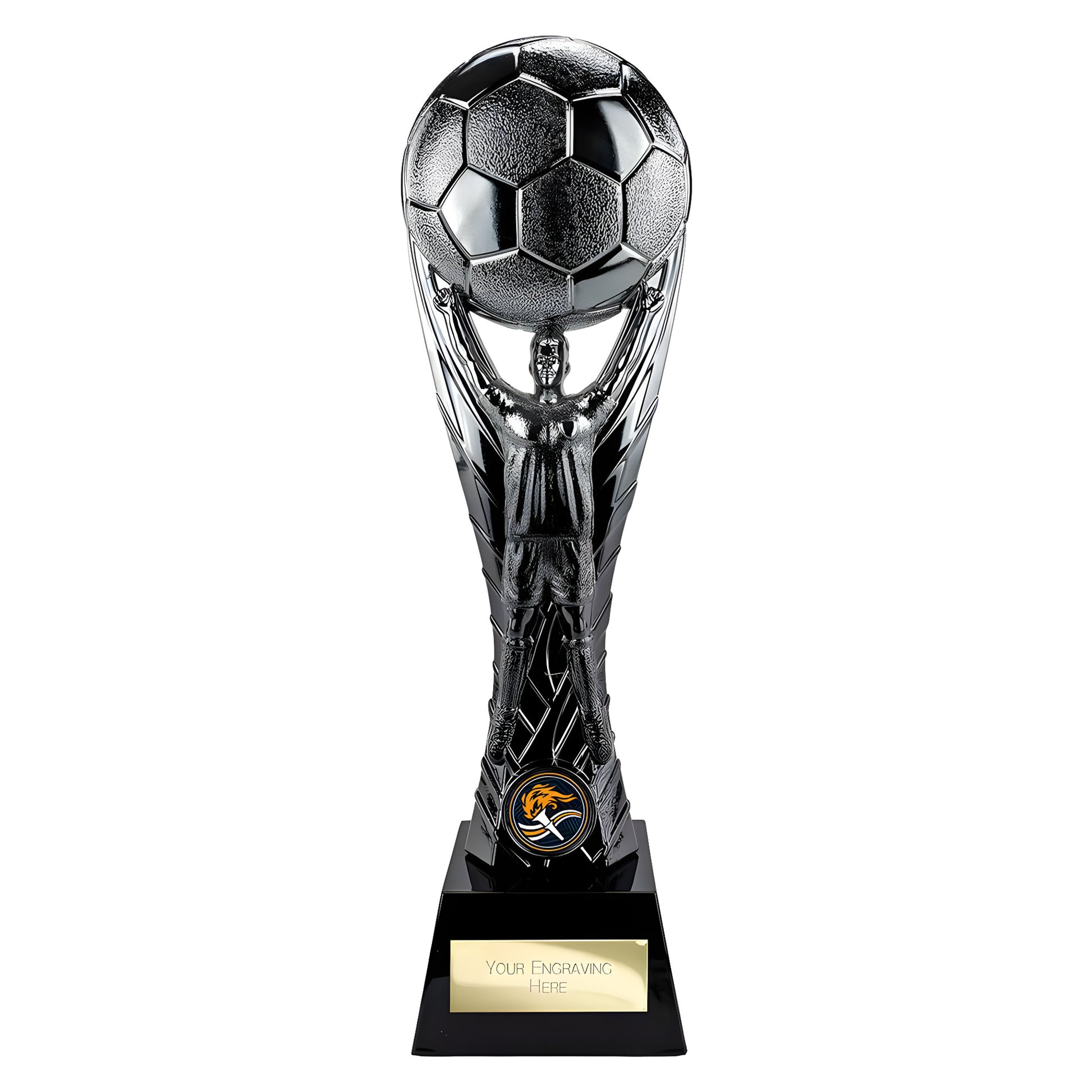 Gunmetal soccer trophy with figure holding ball, customizable engraving plate.