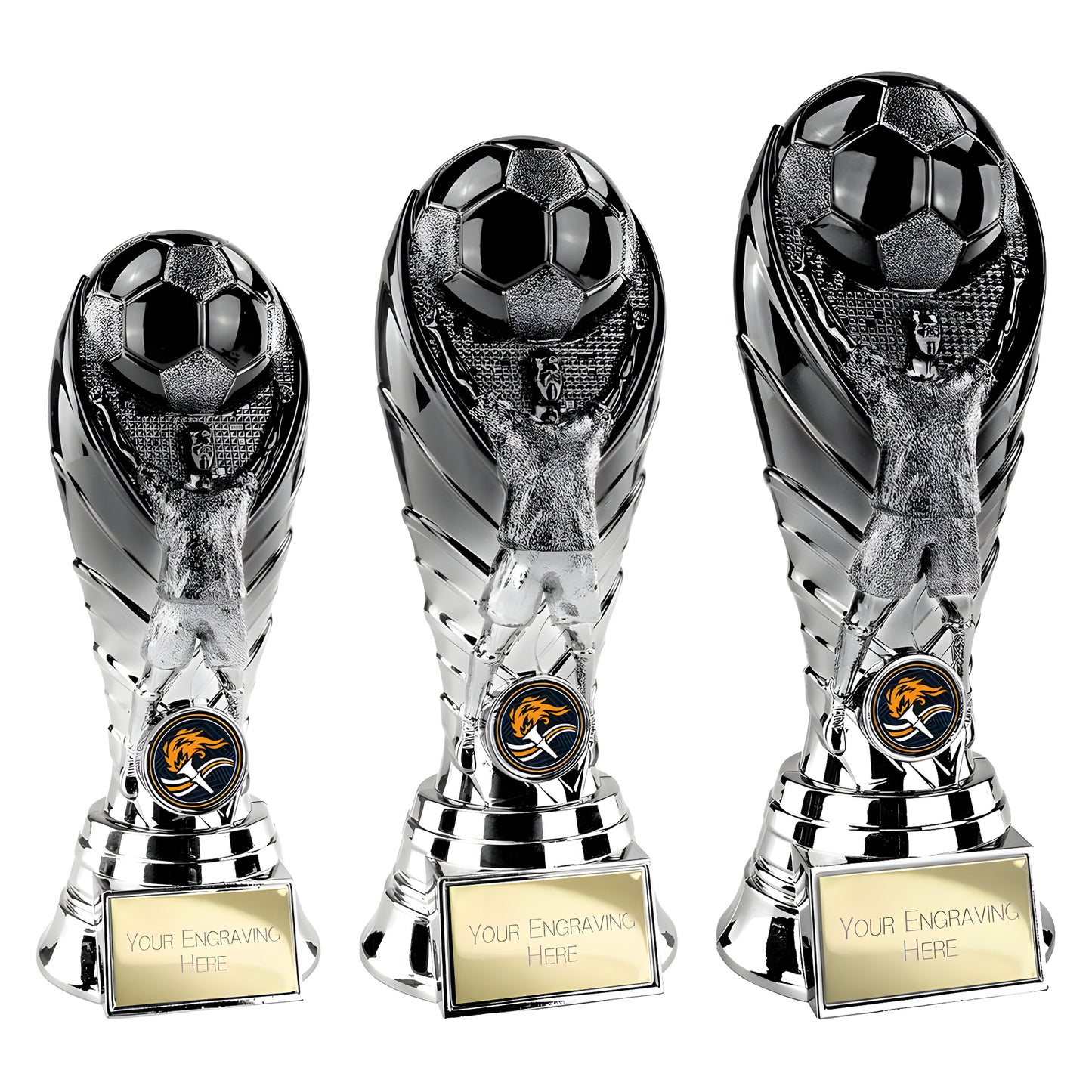 Three metallic soccer trophies with engraving plates and a football design.