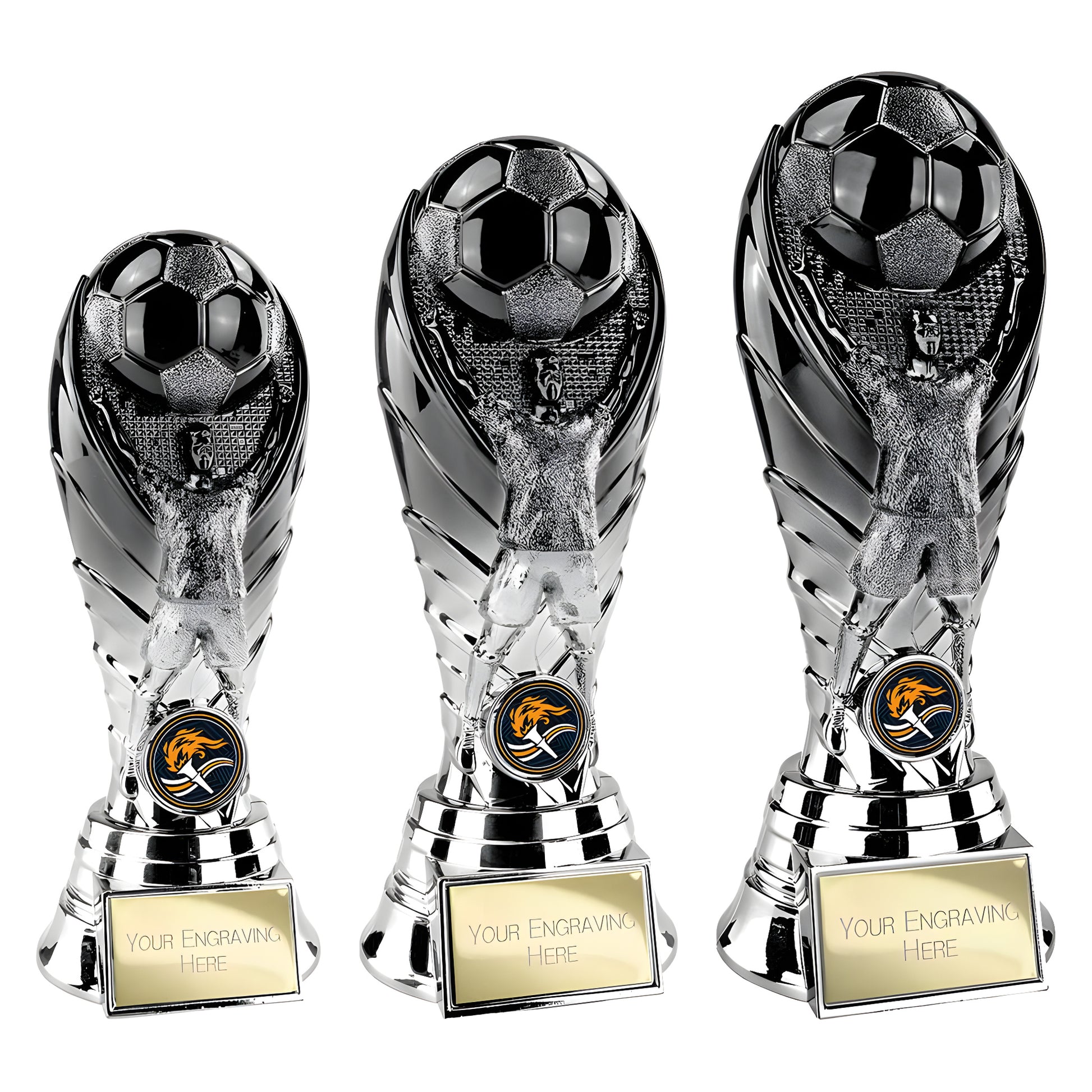 Three metallic soccer trophies with engraving plates and a football design.