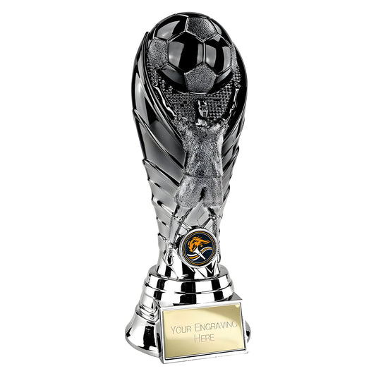 Silver soccer trophy with player and ball design, featuring an engraving plate.