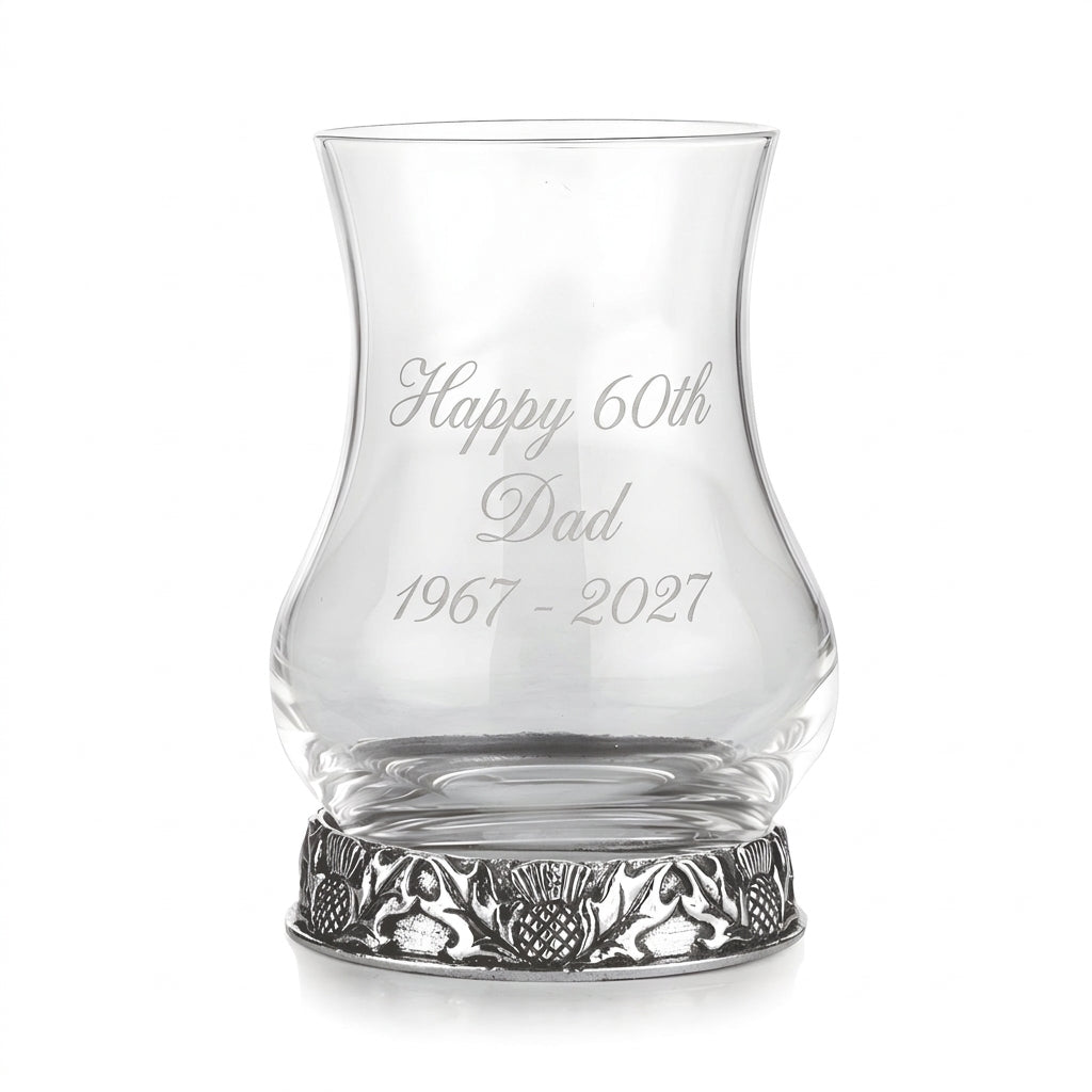 Example engraving (birthday): "Happy 60th / Dad / 1967 - 2027" on the Thistle Tasting Whisky Glass