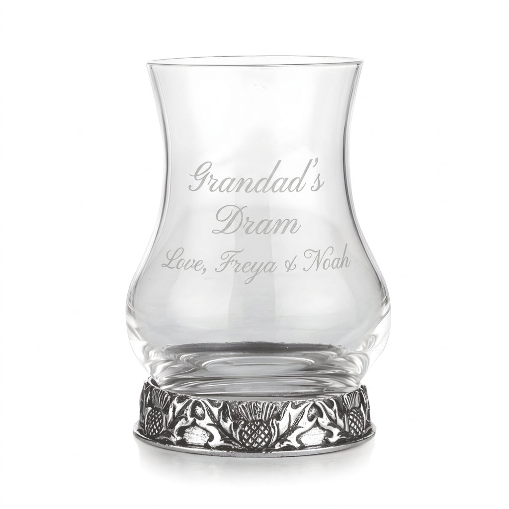 Example engraving (gift for dad): "Grandad's Dram / Love, Freya & Noah" on the Thistle Tasting Whisky Glass