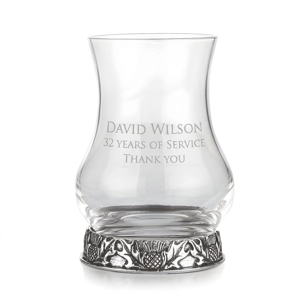 Example engraving (thank you): "David Wilson / 32 Years of Service / Thank You" on the Thistle Tasting Whisky Glass