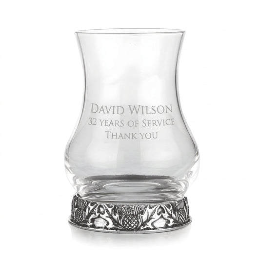 Example engraving (thank you): "David Wilson / 32 Years of Service / Thank You" on the Thistle Tasting Whisky Glass