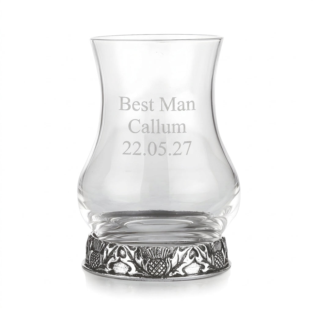Example engraving (wedding party): "Best Man / Callum / 22.05.27" on the Thistle Tasting Whisky Glass
