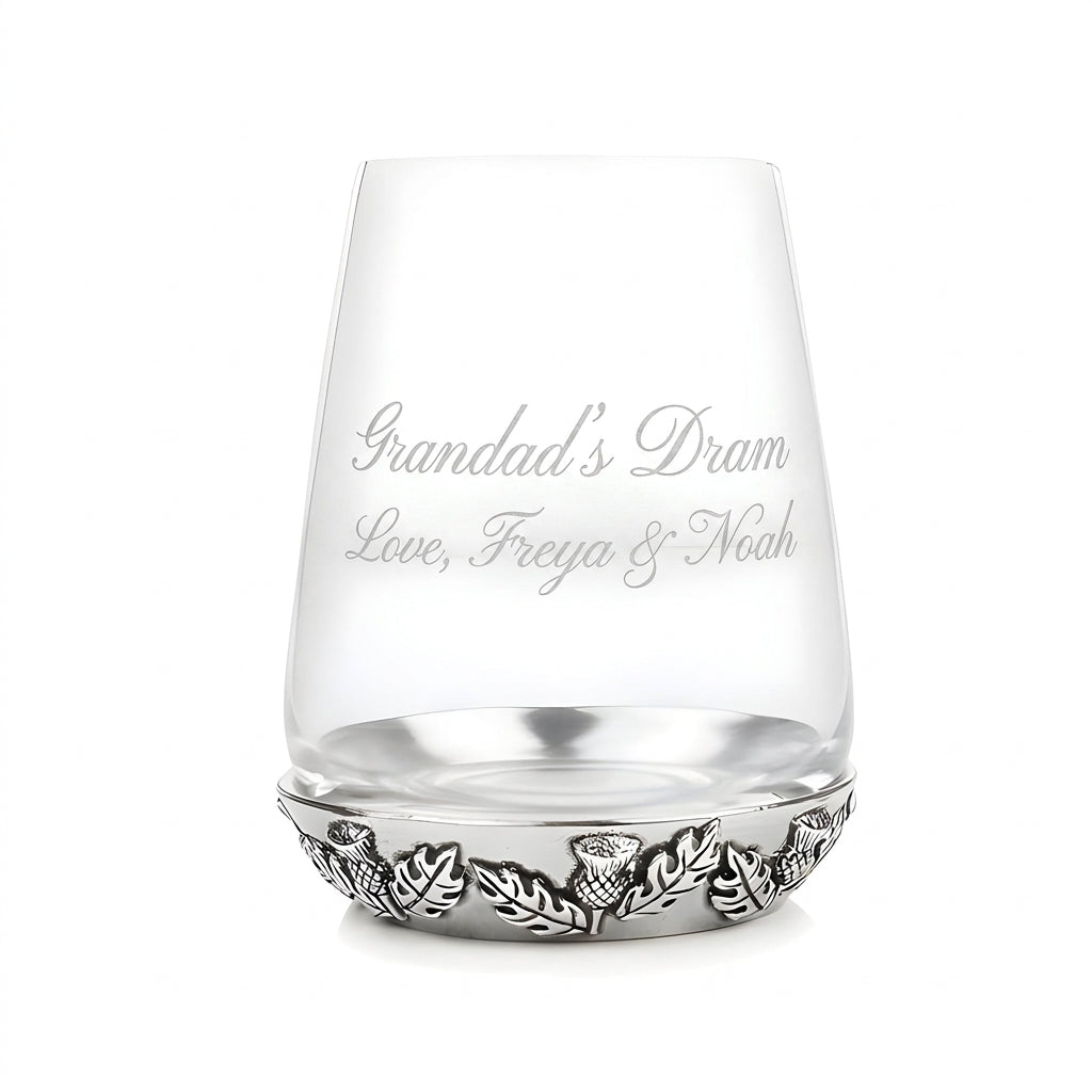 Example engraving (gift for dad): "Grandad's Dram / Love, Freya & Noah" on the Thistle Tumbler Glass