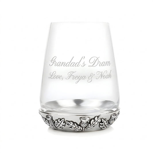 Example engraving (gift for dad): "Grandad's Dram / Love, Freya & Noah" on the Thistle Tumbler Glass