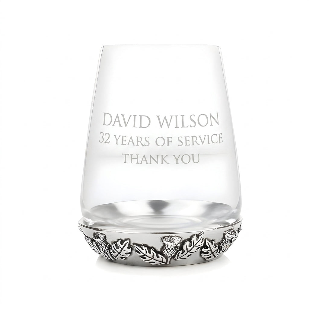 Example engraving (thank you): "David Wilson / 32 Years of Service / Thank You" on the Thistle Tumbler Glass
