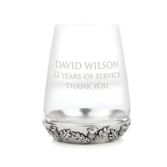 Example engraving (thank you): "David Wilson / 32 Years of Service / Thank You" on the Thistle Tumbler Glass