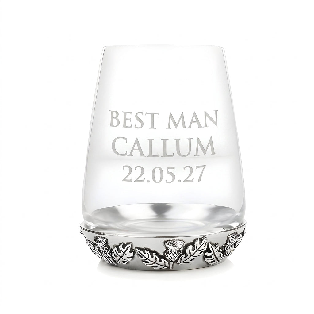 Example engraving (wedding party): "Best Man / Callum / 22.05.27" on the Thistle Tumbler Glass