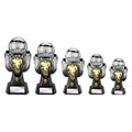 Set of five soccer trophies with silver soccer balls and gold accents on black bases.