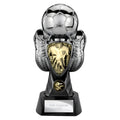 Soccer trophy with gold shirt, silver ball and gloves on black base, custom engraving.