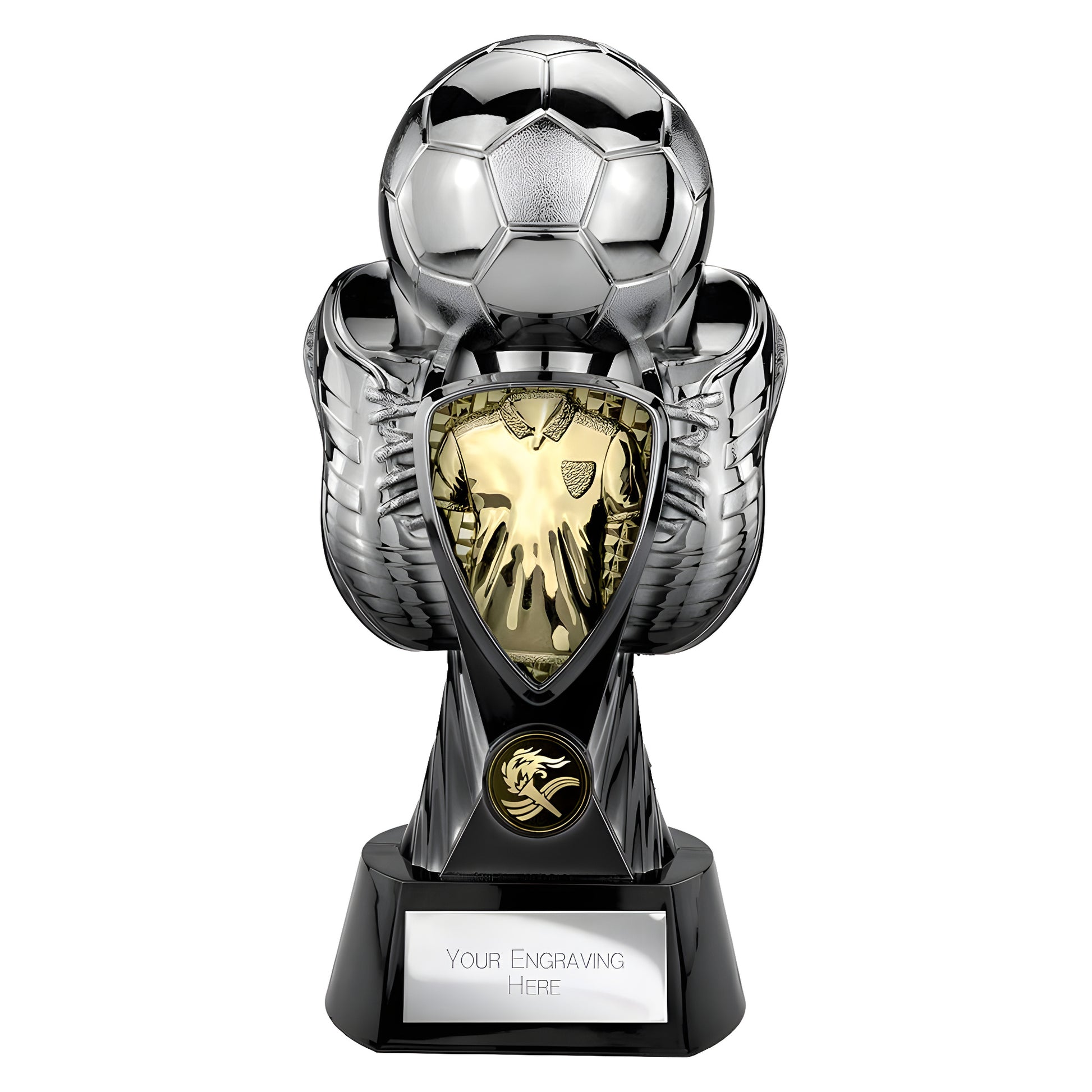 Soccer trophy with gold shirt, silver ball and gloves on black base, custom engraving.