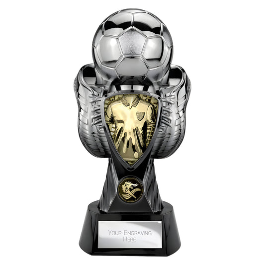 Soccer trophy with gold shirt, silver ball and gloves on black base, custom engraving.