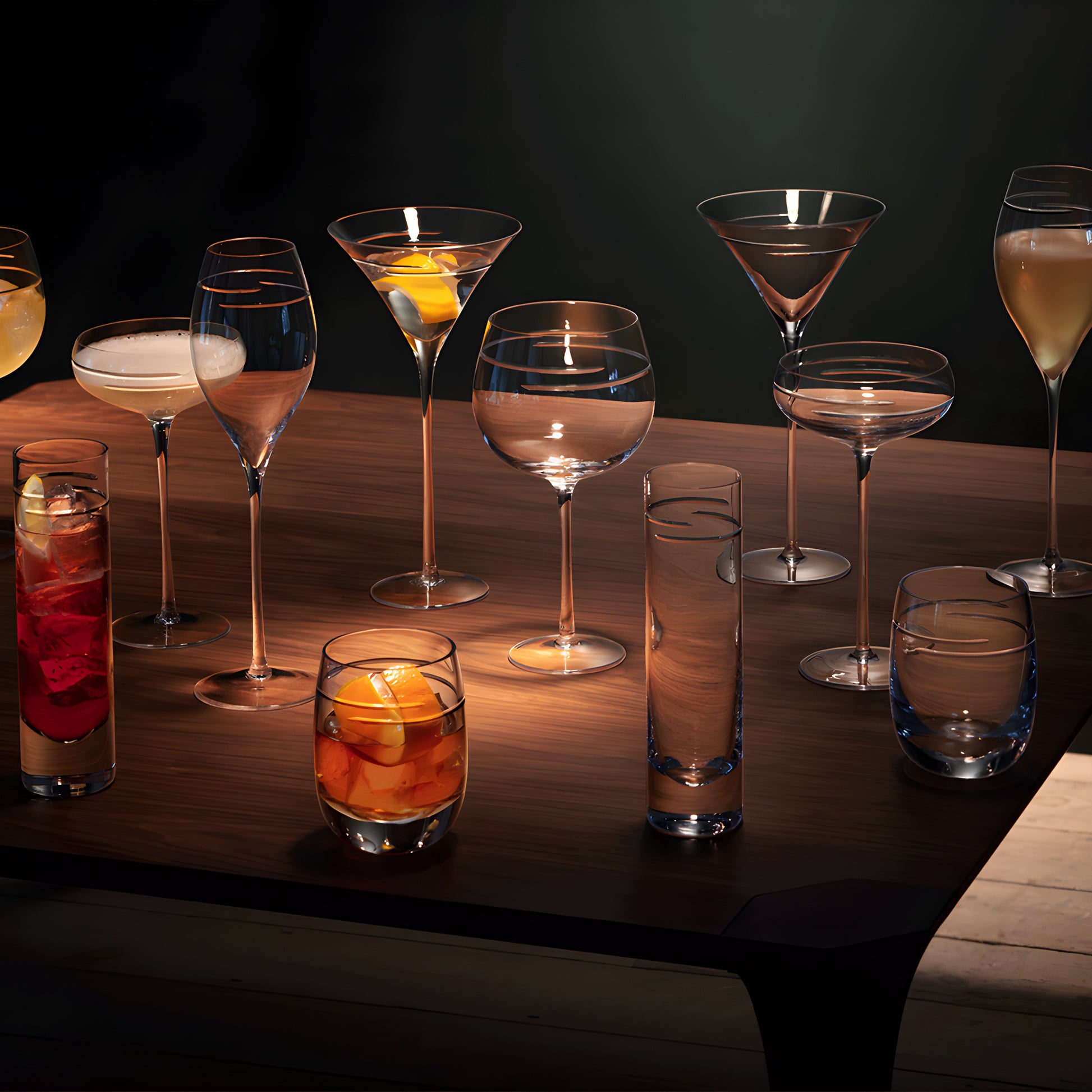 Assorted cocktails in elegant glassware on a wooden table.