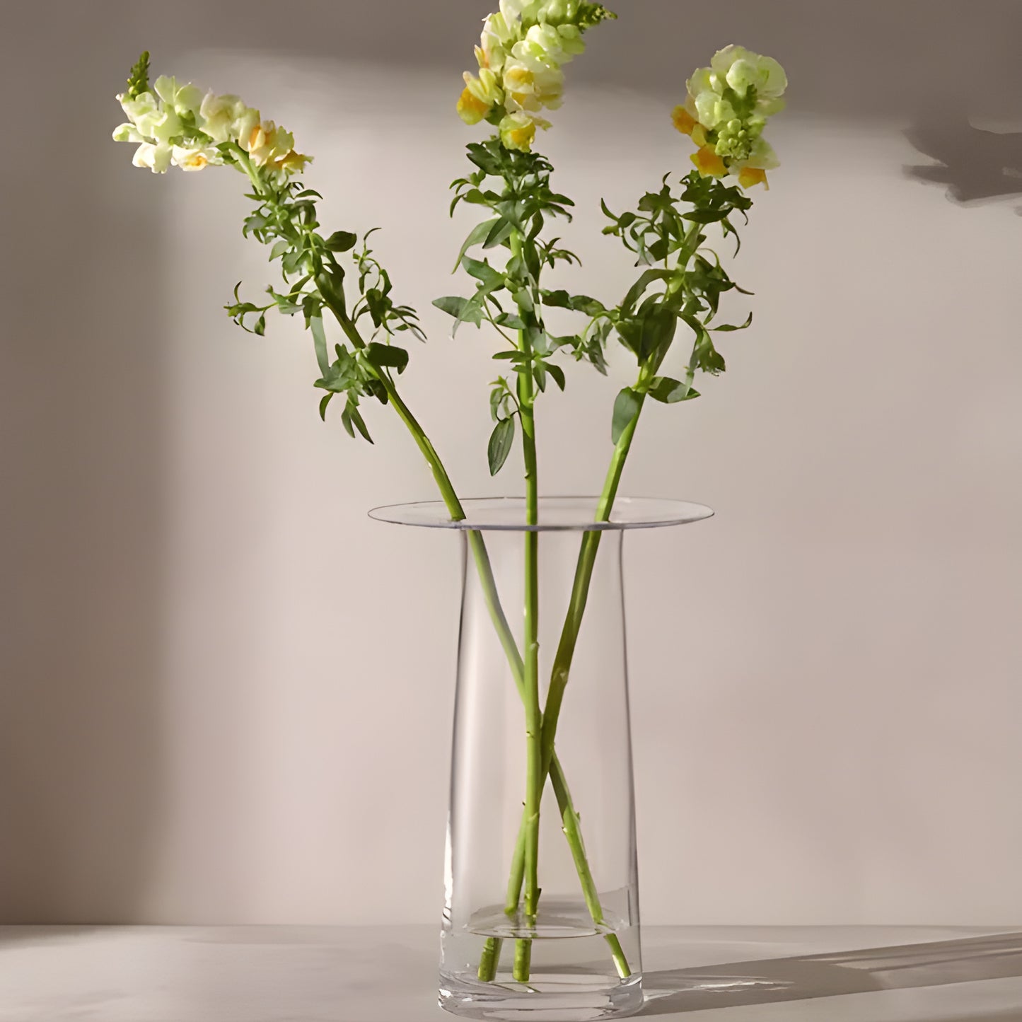Clear glass vase with snapdragon flowers on a neutral background.