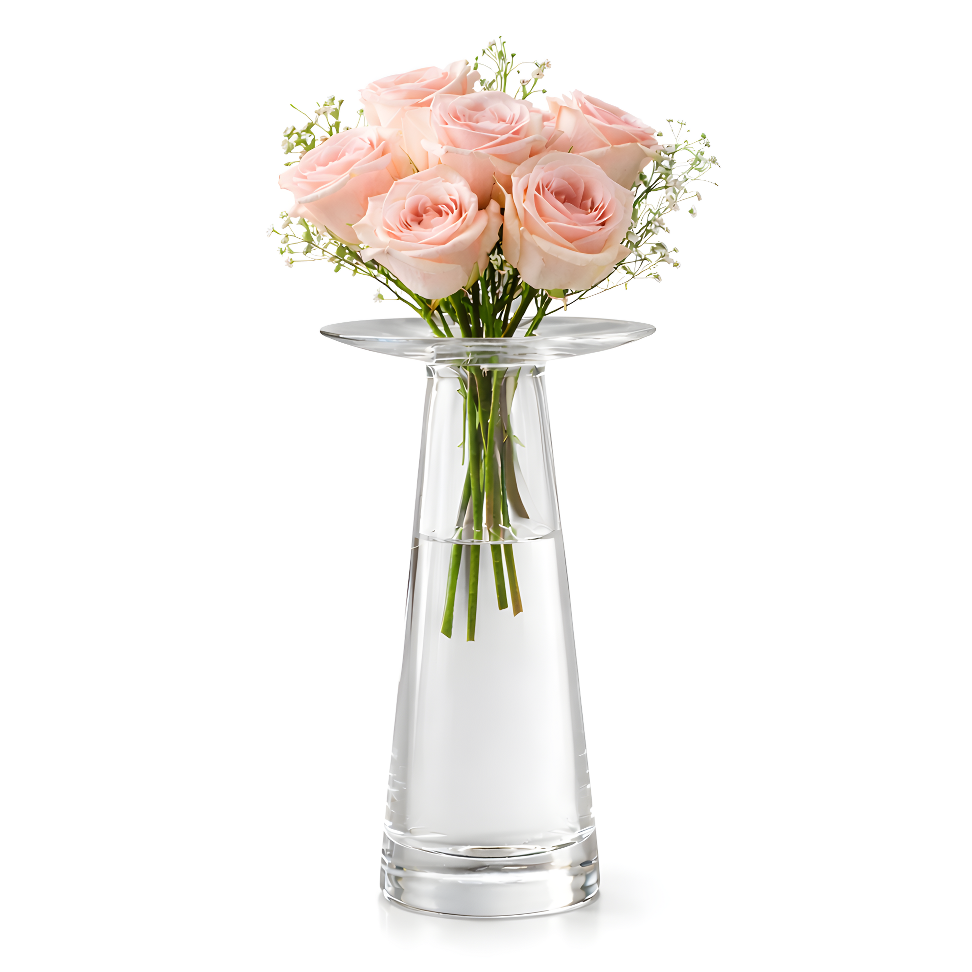 Tall glass vase with light pink roses elegantly arranged.