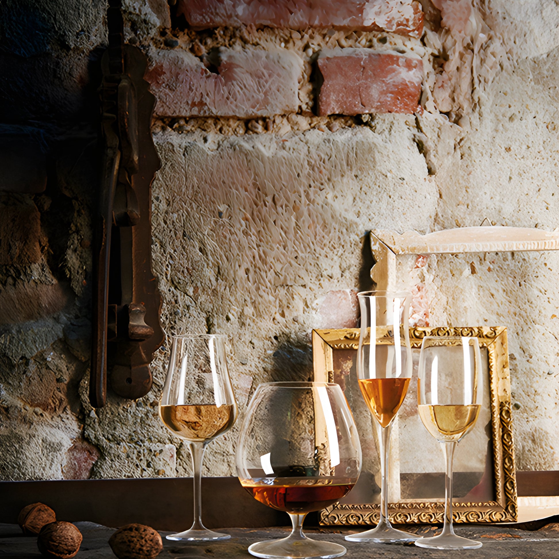 Vintage snifter glasses with drinks, frames, and walnuts on stone surface.