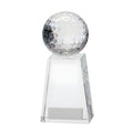Clear crystal golf ball trophy with pyramid base.