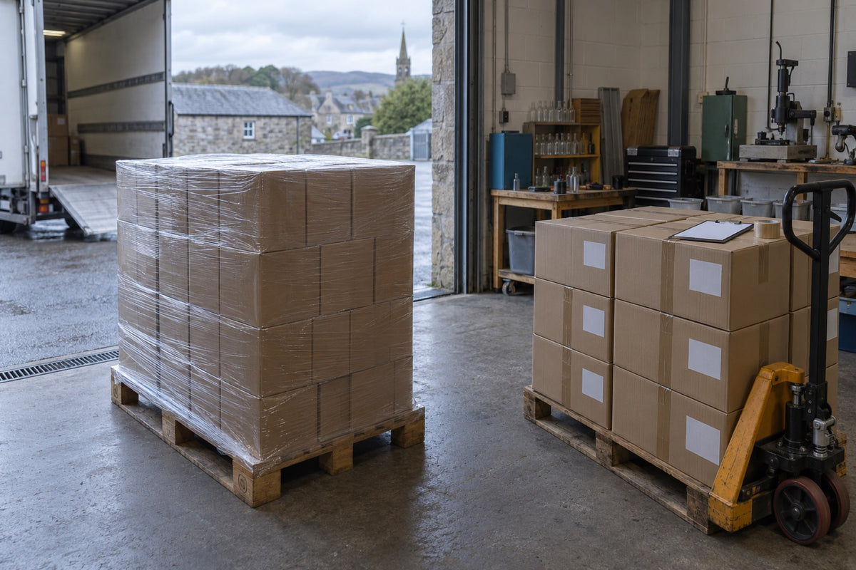 Pallet of empty bottles arriving and engraved cartons ready to go