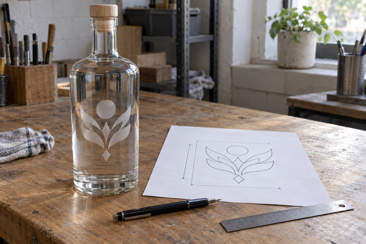 Prototype engraved bottle beside the signed-off artwork proof