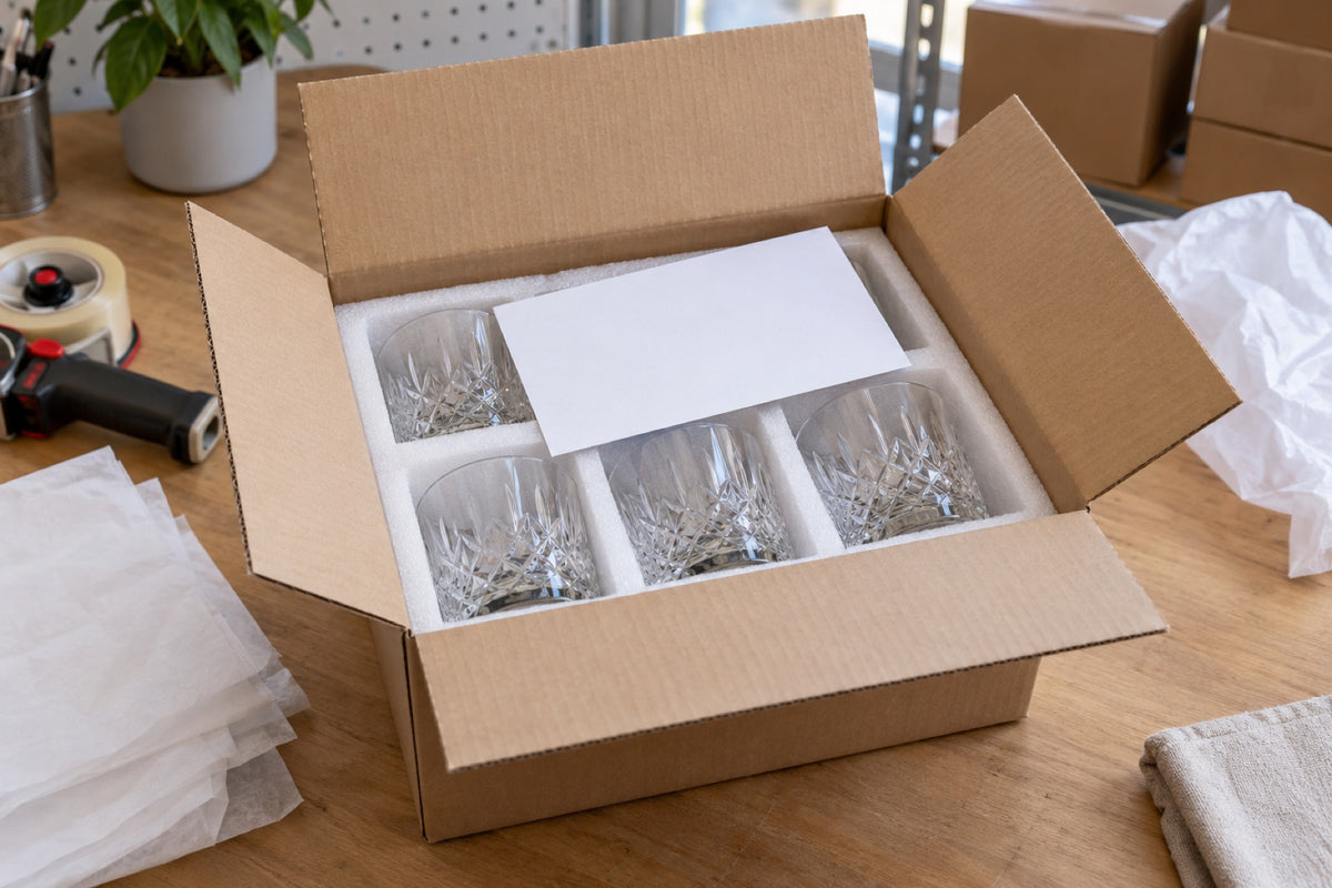 Plain carton with engraved glasses and a blank packing slip