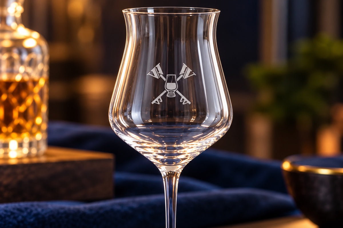 Whisky tasting glass engraved with a distillery logo