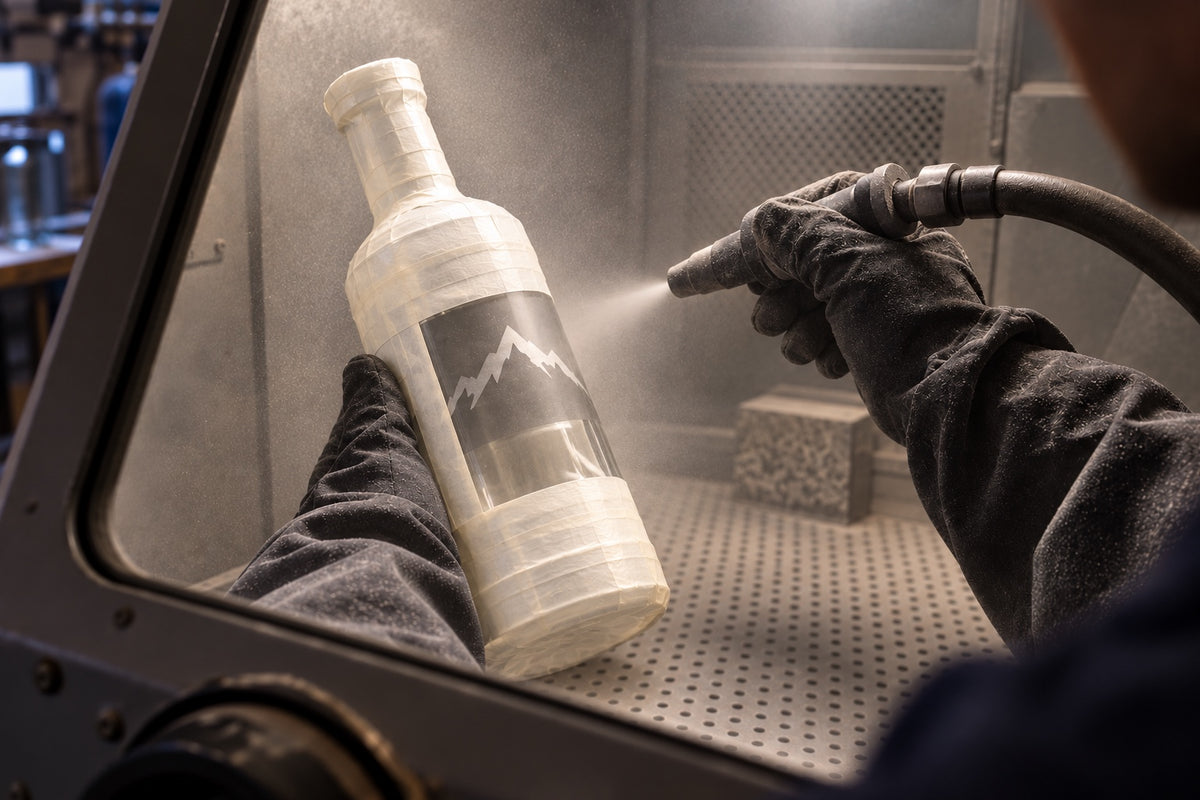A bottle being sandblasted in our blasting cabinet
