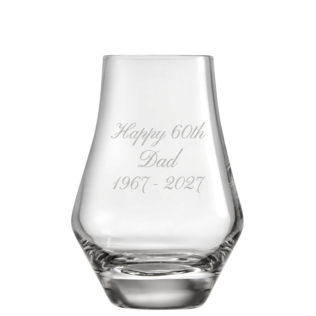 Example engraving (birthday): "Happy 60th / Dad / 1967 - 2027" on the Whisky Tasting Glass 185ml