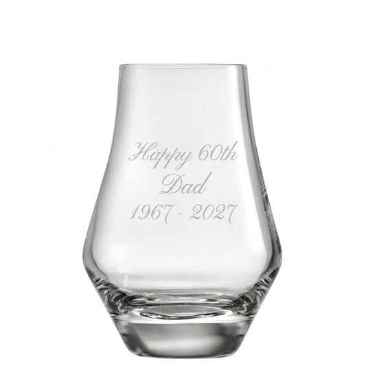 Example engraving (birthday): "Happy 60th / Dad / 1967 - 2027" on the Whisky Tasting Glass 185ml