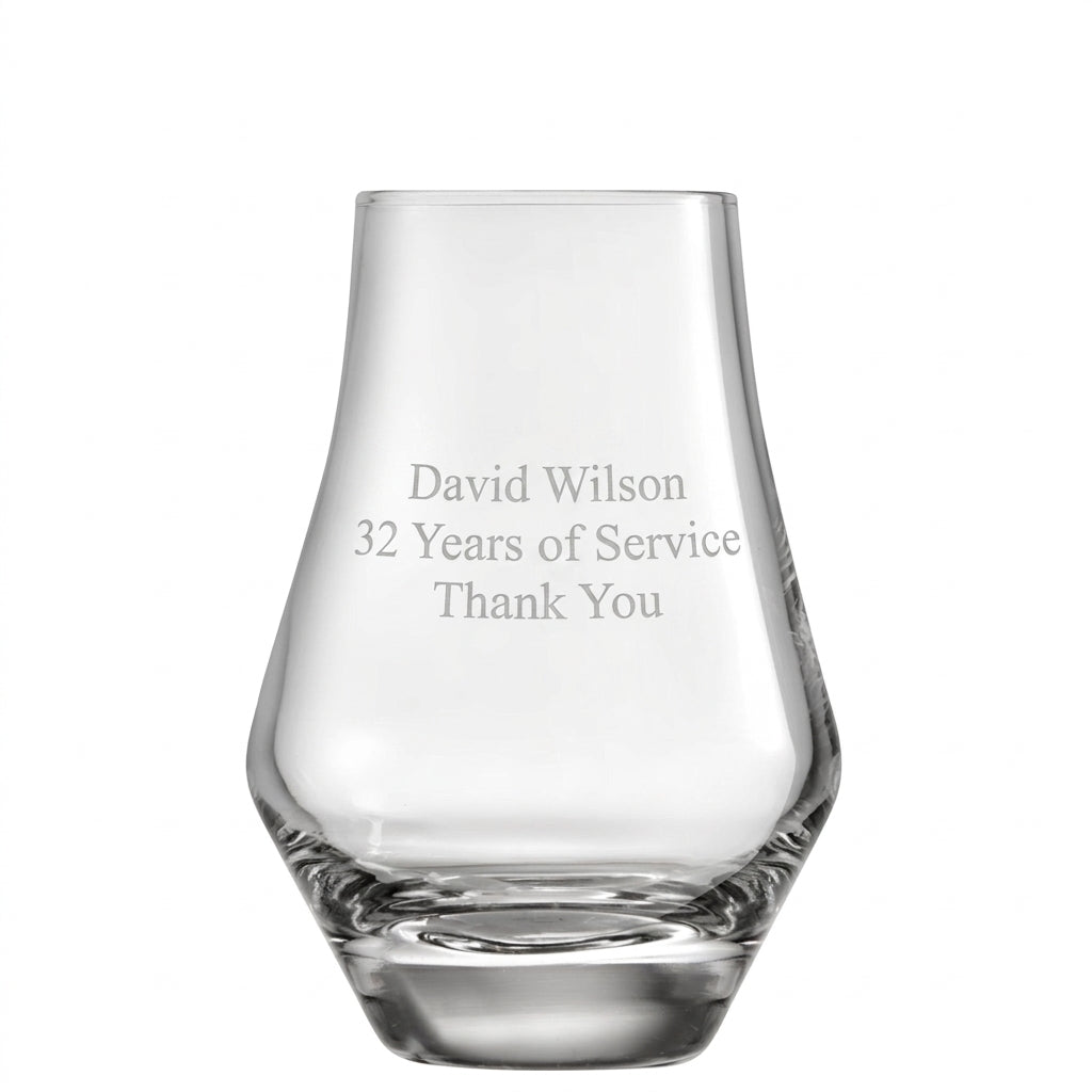 Example engraving (thank you): "David Wilson / 32 Years of Service / Thank You" on the Whisky Tasting Glass 185ml