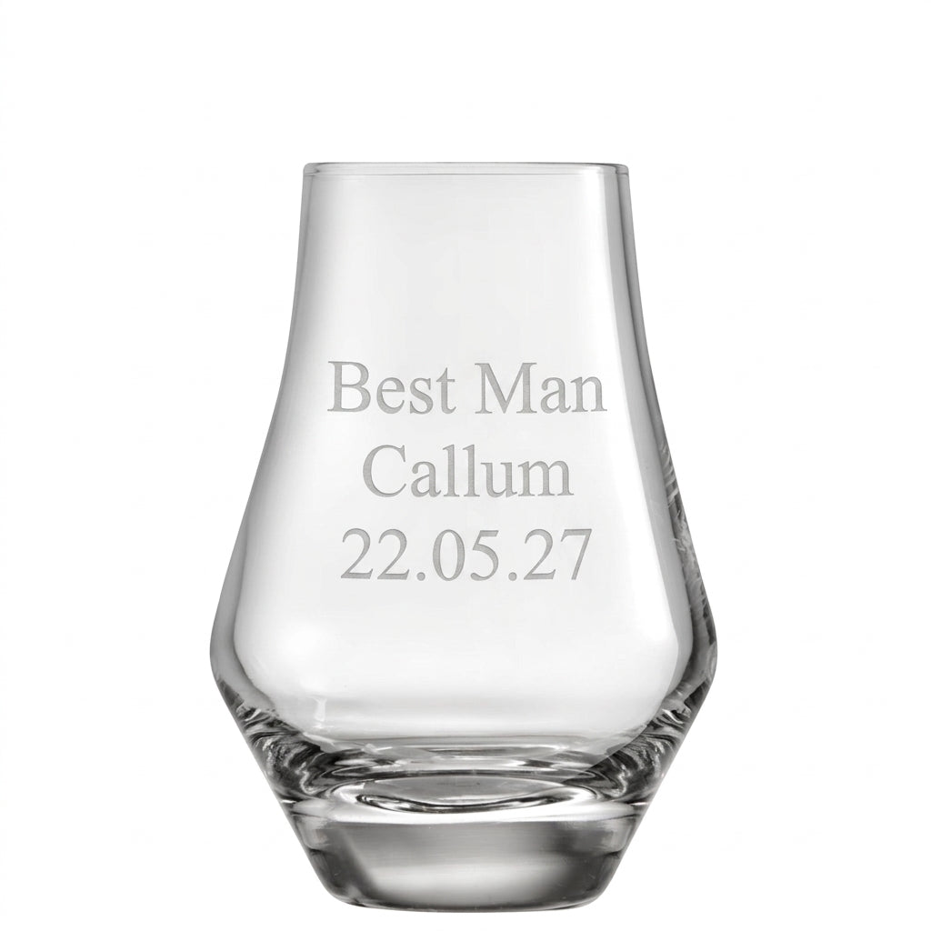 Example engraving (wedding party): "Best Man / Callum / 22.05.27" on the Whisky Tasting Glass 185ml