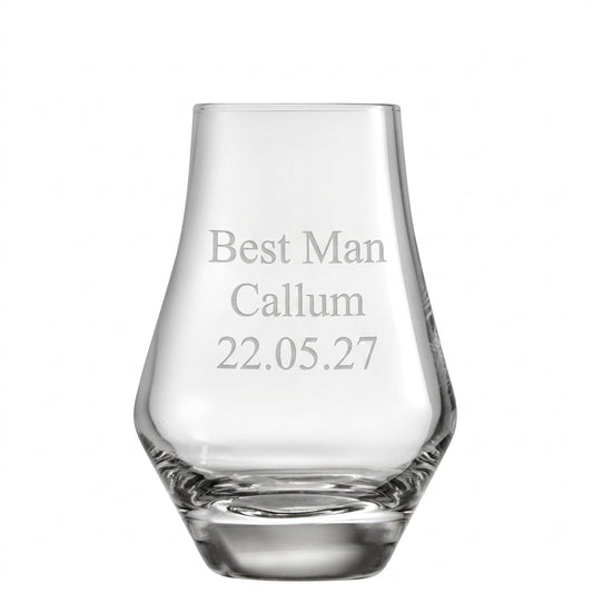 Example engraving (wedding party): "Best Man / Callum / 22.05.27" on the Whisky Tasting Glass 185ml