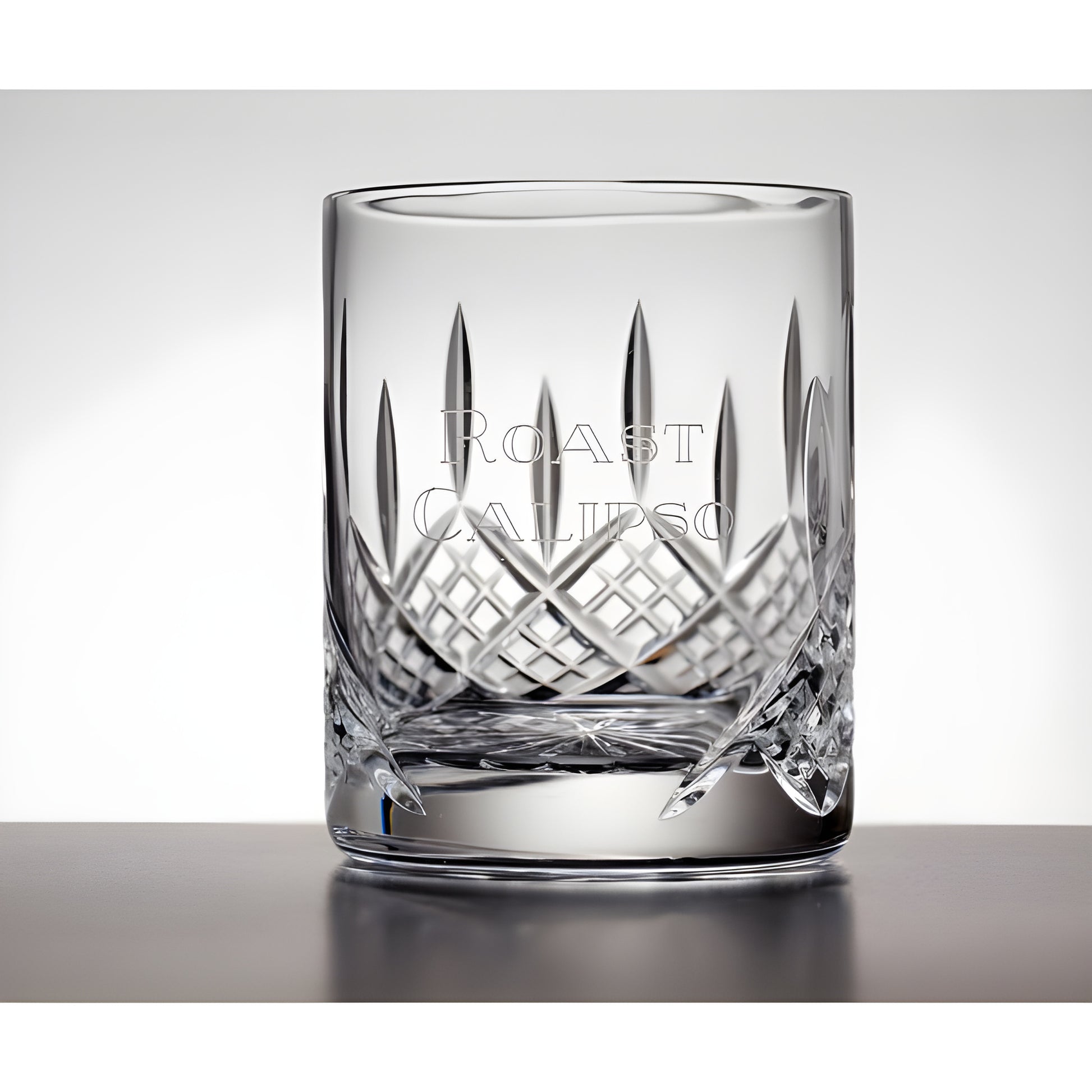 Crystal-cut whisky tumbler with panel for engraving.