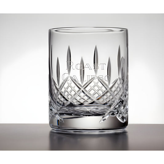 Crystal-cut whisky tumbler with panel for engraving.