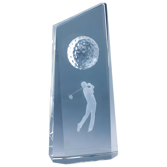 3D engraved crystal golf award with golfer and golf ball design.