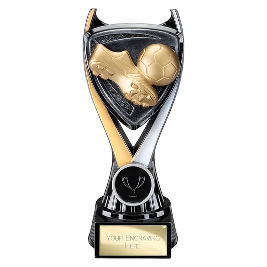 Gold and silver soccer trophy with boot and ball design, engraving plate.