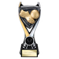 Soccer trophy with gold boot and ball featuring engraving plate.