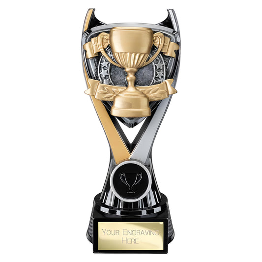 Customizable trophy cup in gold and silver with engraving area, star and ribbon design.